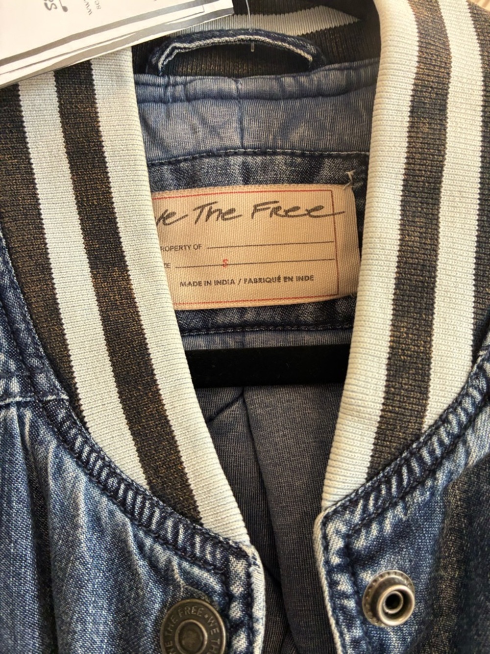 Free People team spirit Embroidered Blue Denim Bomber Jacket size S - Picture 4 of 5